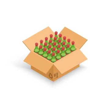 Wine bottles cardboard box vector illustration, 3d isometric cartoon wine Stock Illustration