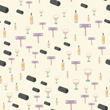 Wine bottles, corks and wine glasses seamless pattern Stock Illustration