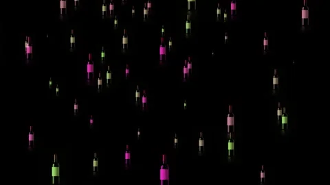 Wine Bottles Floating in Dark Minimalist Pattern With Colored Labels and El.. Stock Footage 330369875