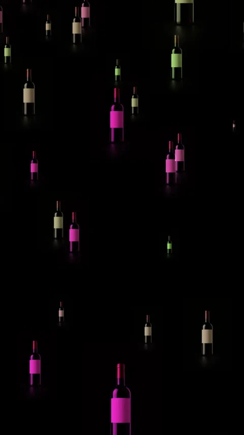 Wine Bottles Floating in Dark Minimalist Pattern With Colored Labels and El.. Stock Footage 337737960