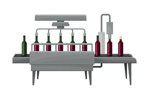 Wine Bottles Label Sticking Process with Glass Containers Moving on Conveyor Stock Illustration