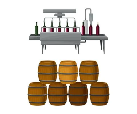 Wine Bottles Label Sticking Process with Glass Containers on Conveyor Belt and Stock Illustration