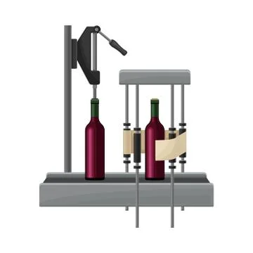 Wine Bottles Sealing or Capping with Cork and Label Sticking Process with Glass Stock Illustration