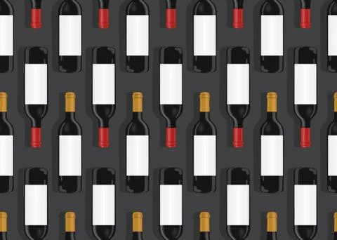 Wine bottles seamless pattern on black background, White and Red wine vector  Illustrazione stock