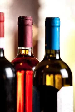 Wine bottles on a table. High quality photo. Stock Photos