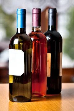 Wine bottles on a table. High quality photo. Stock Photos