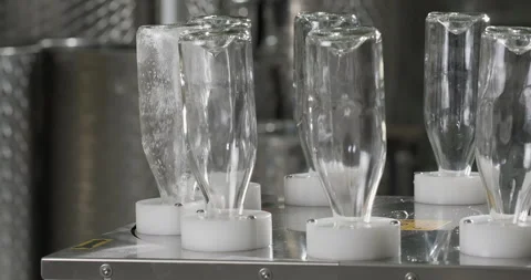 Wine bottling. Bottle wash process on conveyor. Conveyor with moving transparent Stock Footage 247949274