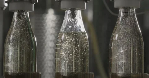 Wine bottling process. Close-up of filling bottles with white wine by the Stock Footage 249898207
