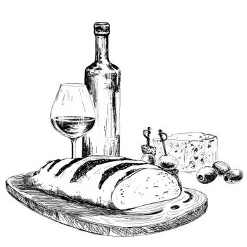 Wine, bread and blue cheese Illustrazione stock