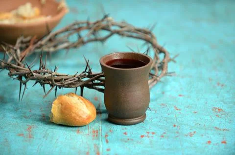 Wine, Bread and Crown of Thorns Stock Photos
