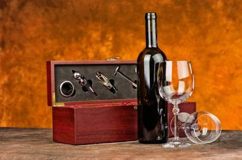 Wine case with wine bottle Stock Photos