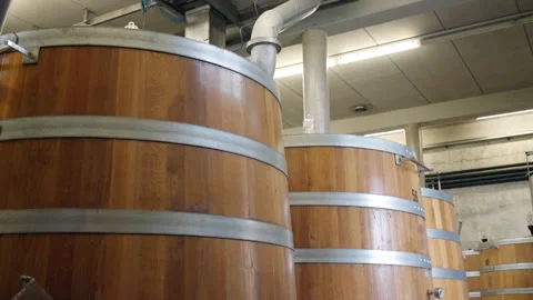 Wine casks with marked numbers on the surface on winemaking factory, wood Stock-Footage 296759726