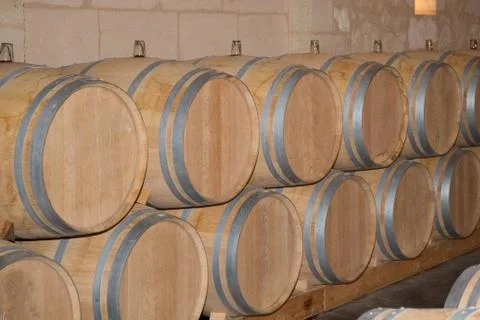 Wine cellar with barrels in stacks Fotos de archivo