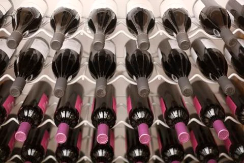 Wine cellar bottles, close up Stock Photos