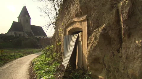 Wine cellar with church in the back Stock Footage 59183151