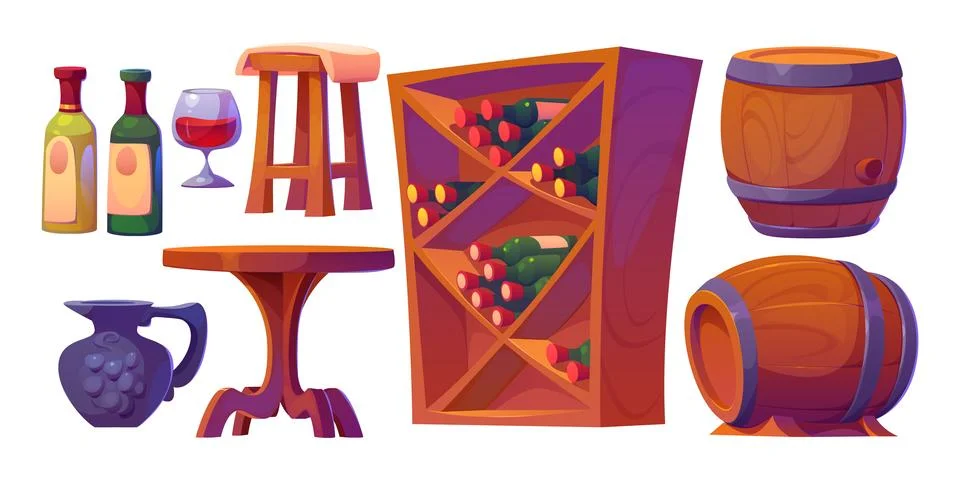 Wine cellar equipment and elements set. 库存插图