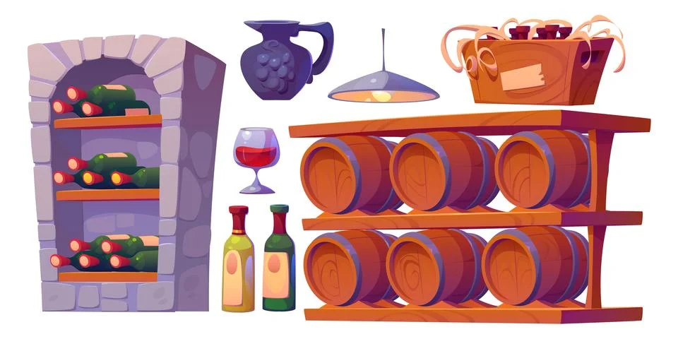 Wine cellar interior elements set Illustrazione stock
