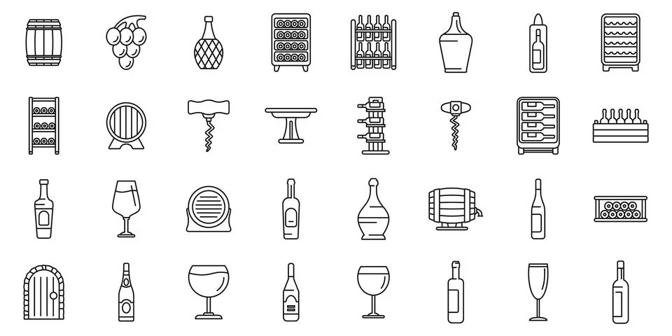 Wine cellar interior icons set. Winemaking process and equipment icons show.. Stock Illustration