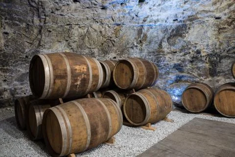 Wine cellar with oak barrels Stock Photos