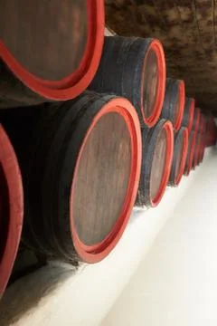 Wine cellar with a row of barrels Stock Photos