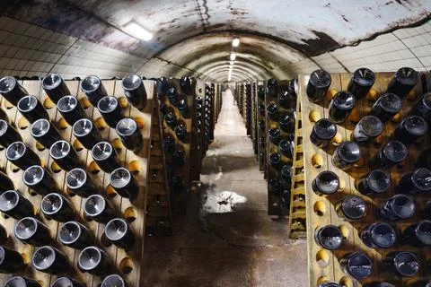 Wine cellar with rows of bottles in an underground storage facility Stock Photos