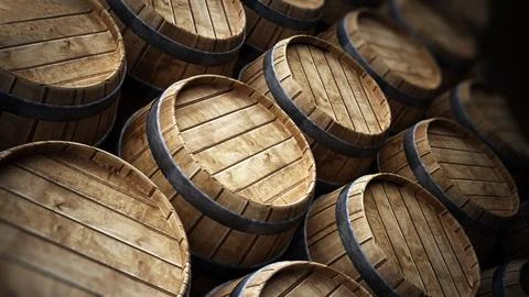Wine cellar with stack of wooden barrels. 3D illustration Stockillustratie