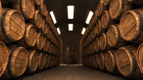 Wine cellar with stack of wooden barrels. 3D illustration Stock Illustration