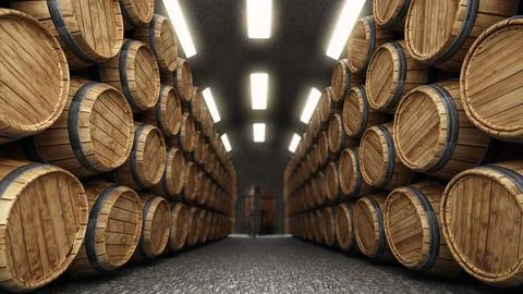 Wine cellar with stack of wooden barrels. 3D illustration Stock Illustration