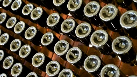 A Wine Cellar. Storage Room for Wine in Bottles and Barrels. Old wine Stock Footage 227945539