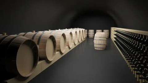 Wine cellar with wine barrels and bottles Ilustración de archivo