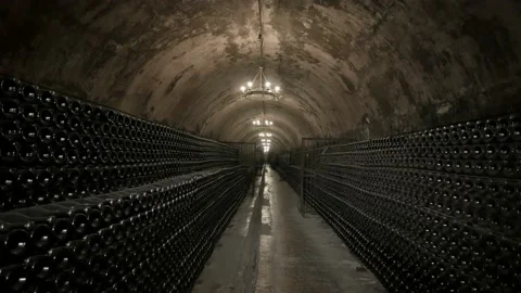 Wine Cellars of the Winery. Old Bottles with Champagne are Kept in Racks Stock Footage 90858880