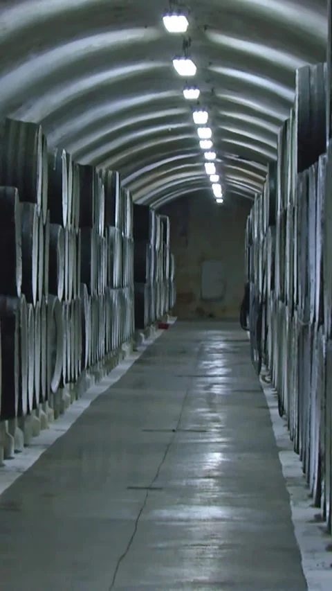 Wine Cellars of the Winery. Old Bottles with Champagne are Kept in Racks. Stone  Stock Footage 248877804