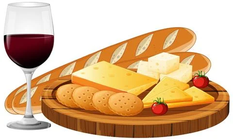 Wine, Cheese, Bread, and Crackers on Wooden Platter Stockillustratie