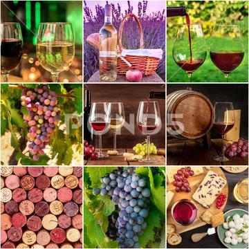 Wine Collage. Many photos of grapes, wine glasses, barrels, corks, a square Stock Photos