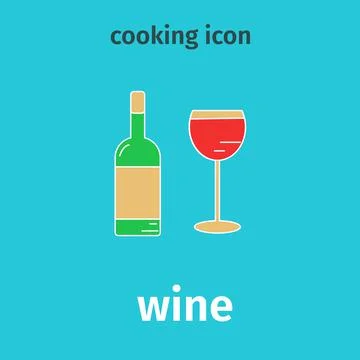 Wine colored icon. Vector bottle and glass. Flat, aperitif, booze. Stock Illustration
