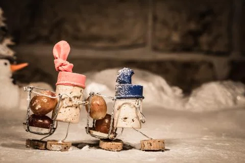 Wine cork figures, concept two men harvesting grapes Stockfoto's
