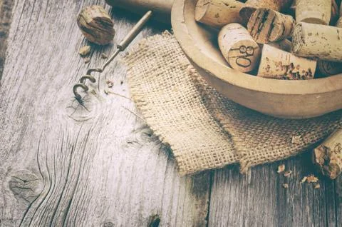 Wine corks and corkscrew Stock Photos