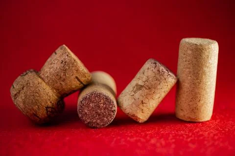 Wine corks close-up on a red background Stock Photos