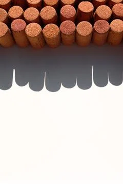 Wine corks on white background, stylish card with copy space for text and deep Foto stock