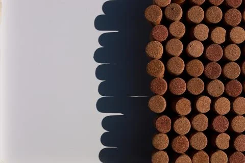 Wine corks on white background, stylish card with copy space for text and deep Stock Photos