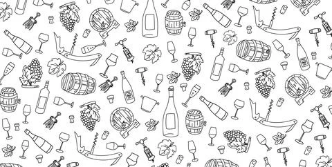 Wine elements hand drawn, doodle and vector illustration icons set Stock Illustration