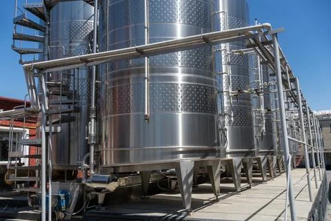 Wine fermentation tanks assembled into a module for outdoor placement Stock Photos