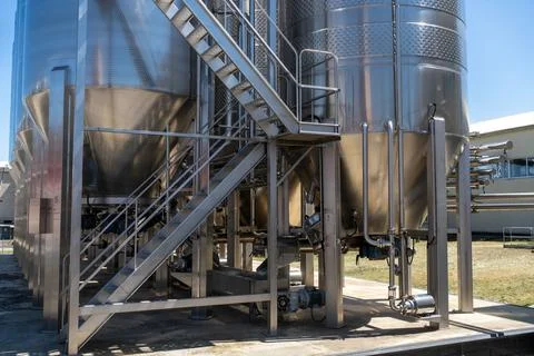 Wine fermentation tanks assembled into a module for outdoor placement Stock Photos