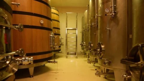 Wine fermentation tanks in modern wine factory Stock Footage 286714663