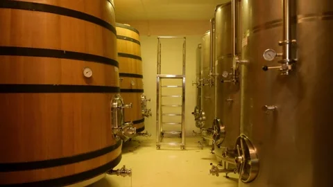 Wine fermentation tanks in modern wine factory Stock Footage 286714679