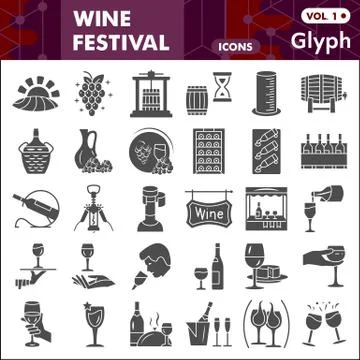 Wine festival solid icon set, Grape cultivation and sale symbols collection or Stock Illustration