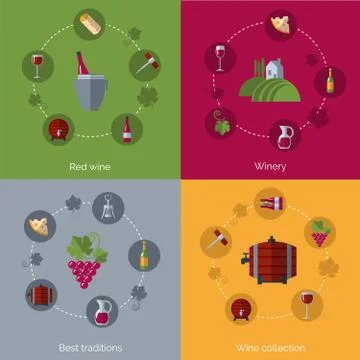 Wine flat 4 icons composition circles Stock Illustration