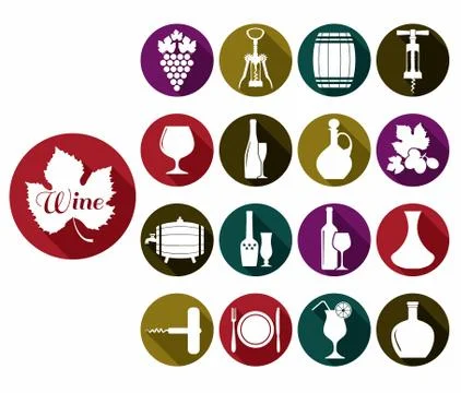 Wine flat colors icons set on white . Stock Illustration