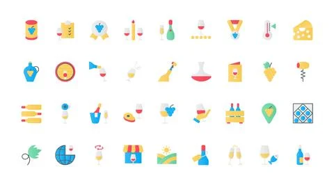 Wine flat icons set, storage and tasting of grape wine, winery and cellar barrel Stock Illustration
