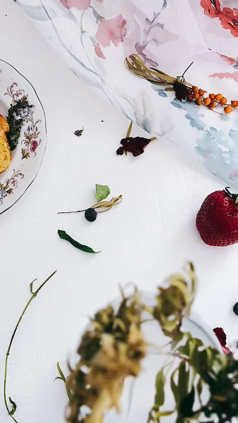 Wine glass full of plants, table setting, cake Stock Footage 227586741